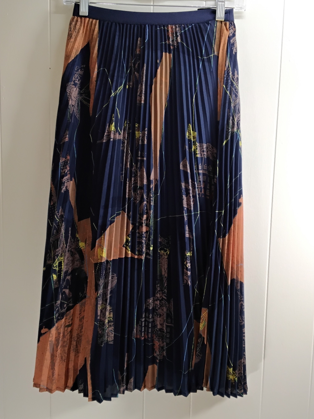 Babaton Navy Pleated Midi Skirt with Tan and Neon Accents - Picture 1 of 4
